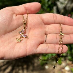 18K Gold Plated Stainless Steel Pink Diamond Butterfly Necklace
